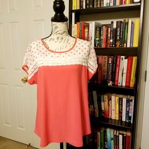 Peach polka dot top with lace detail